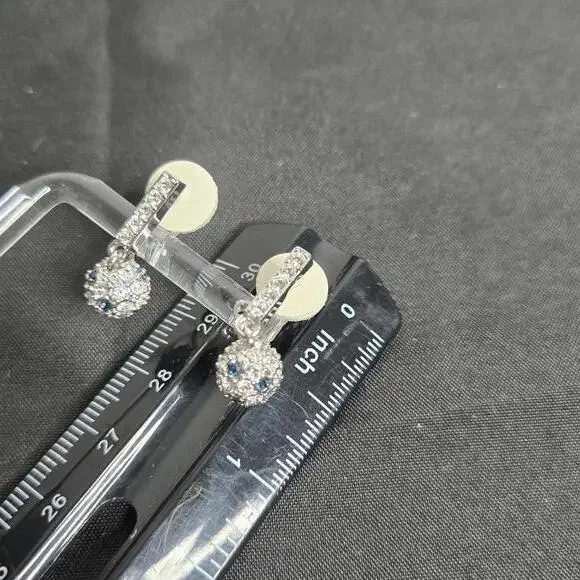 Swarovski Rhinestone Ball Drop Earrings Silver Tone White Blue Crystal Pave Clip - Picture 7 of 8